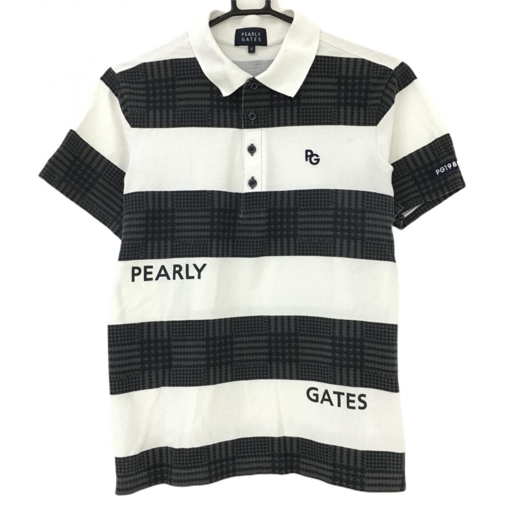 パーリーゲイツ 半袖ポロシャツ グレー×黒×白 グレンチェック 太ボーダー調 メンズ 4(M) ゴルフウェア PEARLY GATES 画像