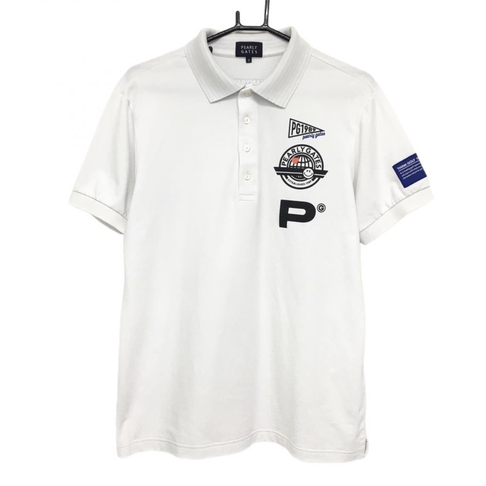 パーリーゲイツ 半袖ポロシャツ 白×黒 襟裏ボーダー ニコちゃん スマイル  メンズ 6(XL) ゴルフウェア 2022年モデル PEARLY GATES