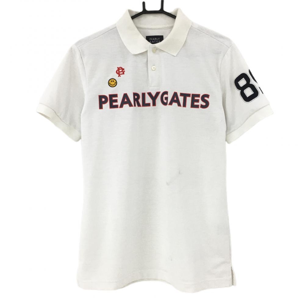 パーリーゲイツ 半袖ポロシャツ 白×ネイビー フロントロゴ ニコちゃん スマイル メンズ 5(L) ゴルフウェア PEARLY GATES