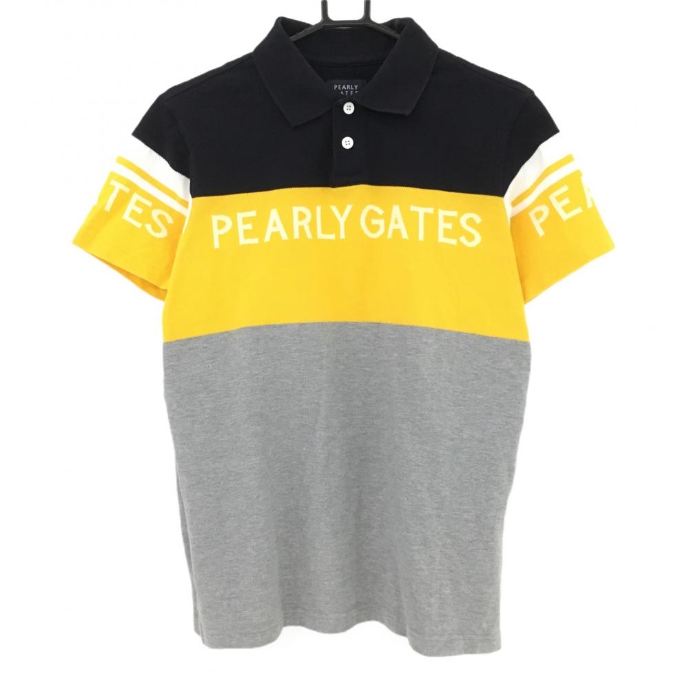 パーリーゲイツ 半袖ポロシャツ ネイビー×イエロー×グレー フロントロゴ メンズ 5(L) ゴルフウェア PEARLY GATES
