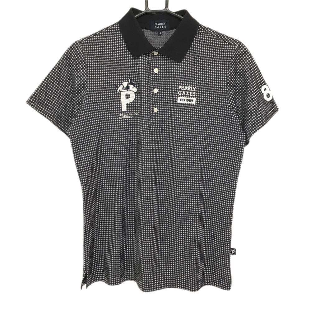 パーリーゲイツ×PEANUTS 半袖ポロシャツ ダークネイビー×白 チェック スヌーピー 日本製 メンズ 4(M) ゴルフウェア PEARLY GATES