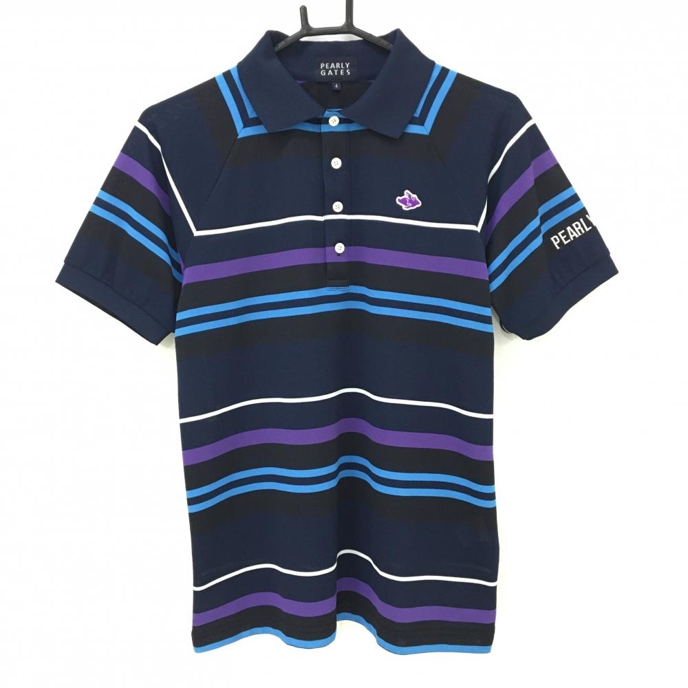 パーリーゲイツ 半袖ポロシャツ ネイビー×パープル ボーダー調 メンズ 4(M) ゴルフウェア PEARLY GATES