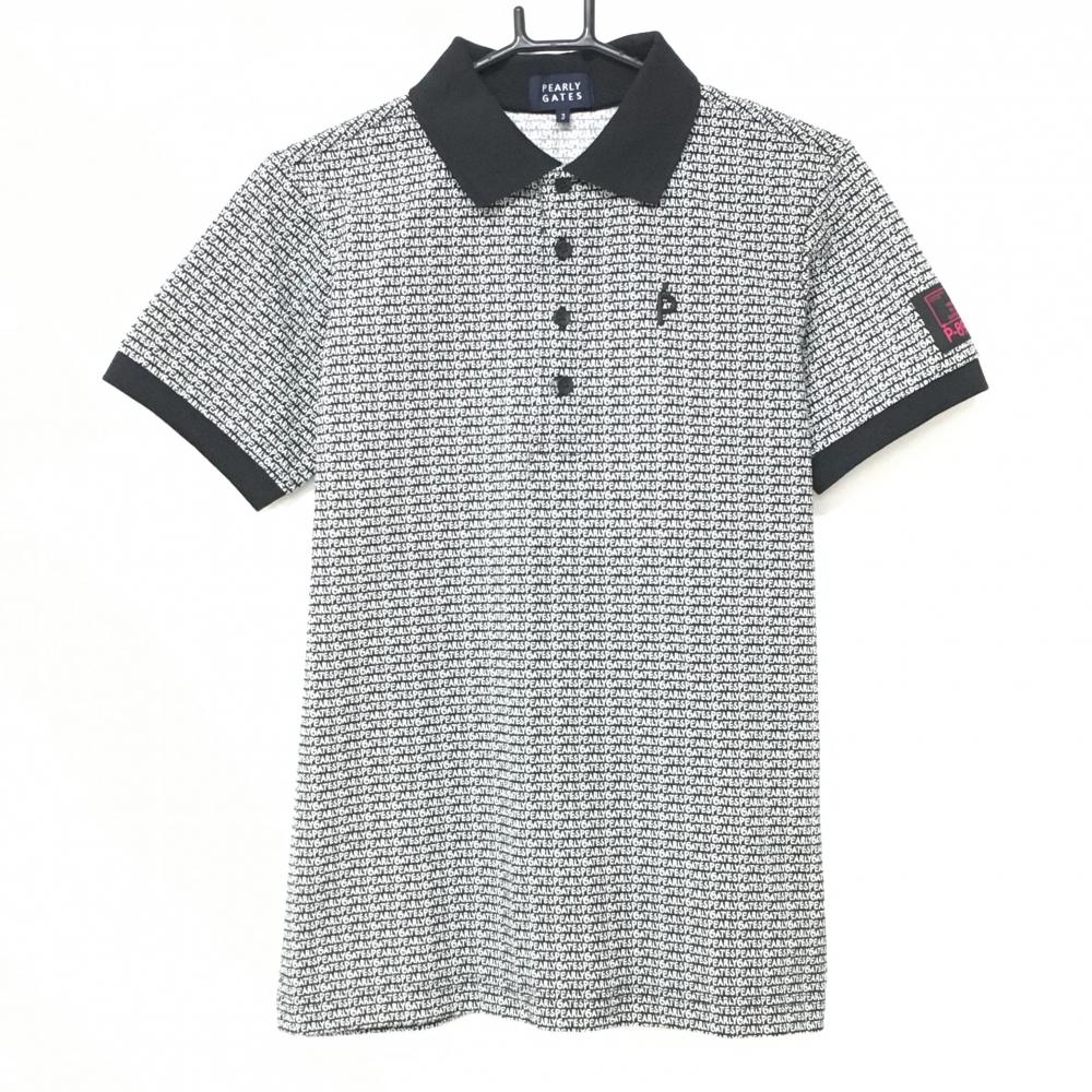 【美品】パーリーゲイツ 半袖ポロシャツ 黒×白 ロゴ総柄 バックプリント 日本製 メンズ 3(S) ゴルフウェア 2023年モデル PEARLY GATES