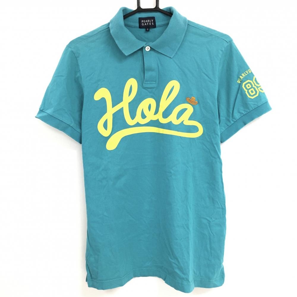 パーリーゲイツ 半袖ポロシャツ ライトグリーン×イエロー フロントプリント メンズ 5(L) ゴルフウェア サンプル品 PEARLY GATES