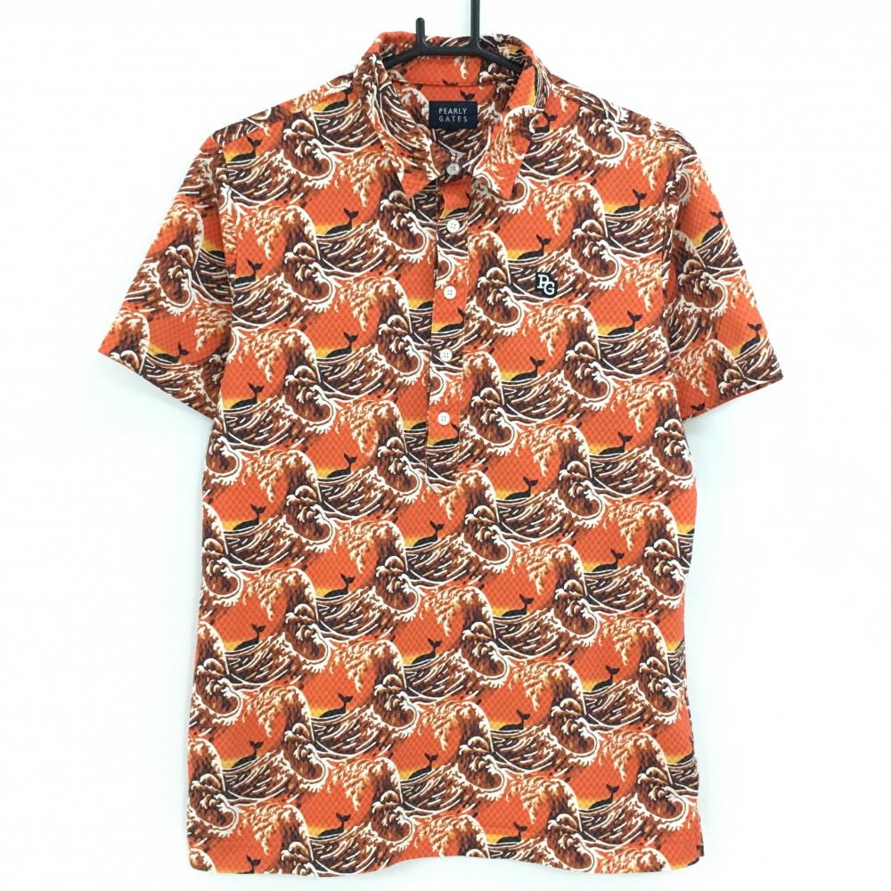 【超美品】パーリーゲイツ 半袖ポロシャツ オレンジ×ブラウン 総柄 波 クジラ メンズ 5(L) ゴルフウェア PEARLY GATES