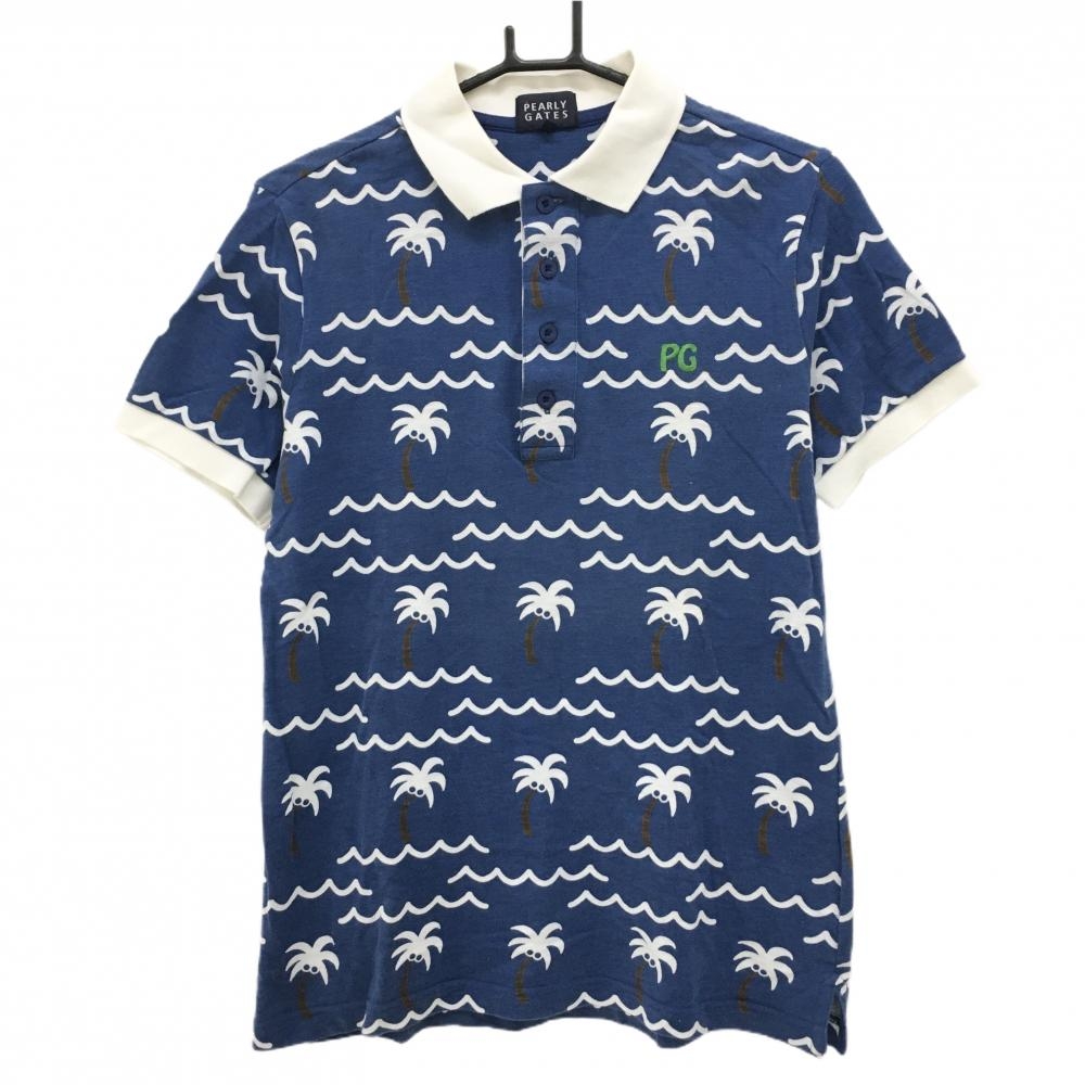 パーリーゲイツ 半袖ポロシャツ ネイビー×白 ヤシの木柄 メンズ 4(M) ゴルフウェア PEARLY GATES