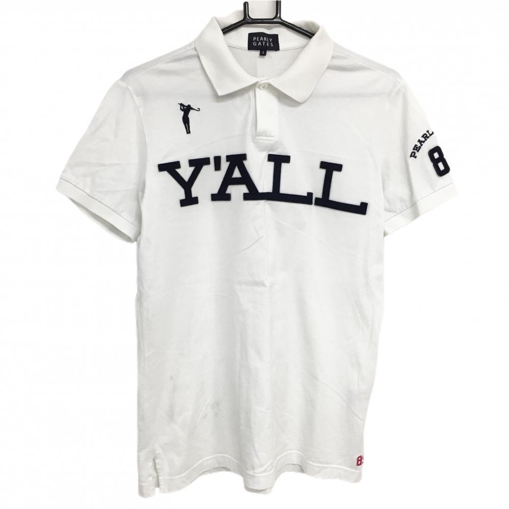 パーリーゲイツ 半袖ポロシャツ 白×ダークネイビー ビッグフェルトワッペン コットン100％ メンズ 4(M) ゴルフウェア PEARLY GATES