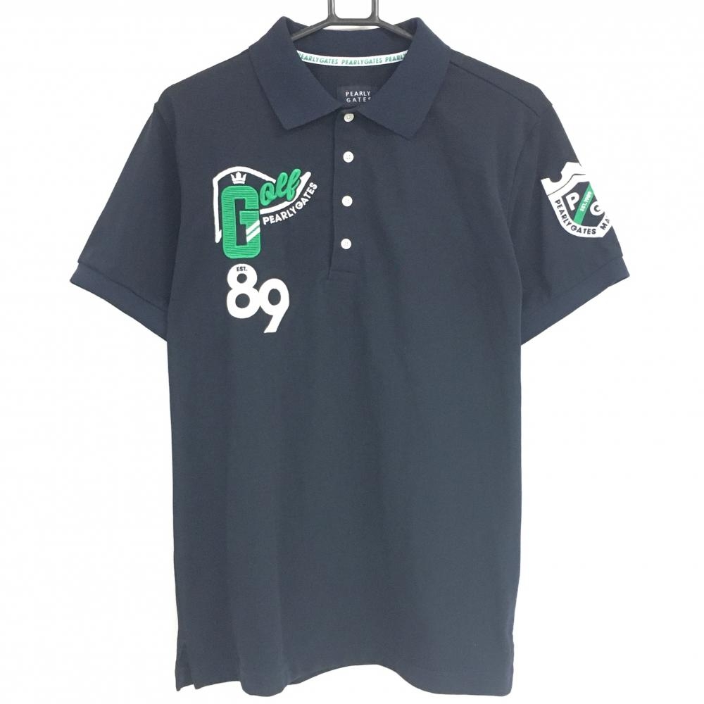 【美品】パーリーゲイツ 半袖ポロシャツ ネイビー×グリーン ロゴ刺しゅう 襟裏ライン メンズ 6(XL) ゴルフウェア PEARLY GATES