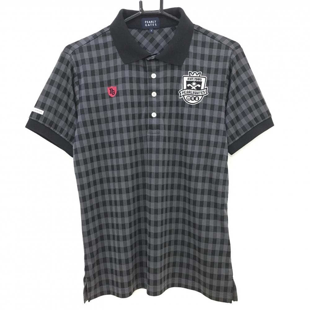 【美品】パーリーゲイツ 半袖ポロシャツ 黒×グレー チェック メンズ 4(M) ゴルフウェア PEARLY GATES