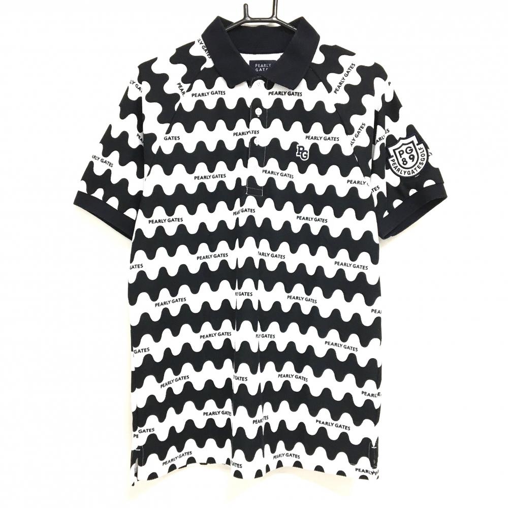 パーリーゲイツ 半袖ポロシャツ 白×黒 なみなみボーダー ロゴ総柄 メンズ 6(XL) ゴルフウェア PEARLY GATES