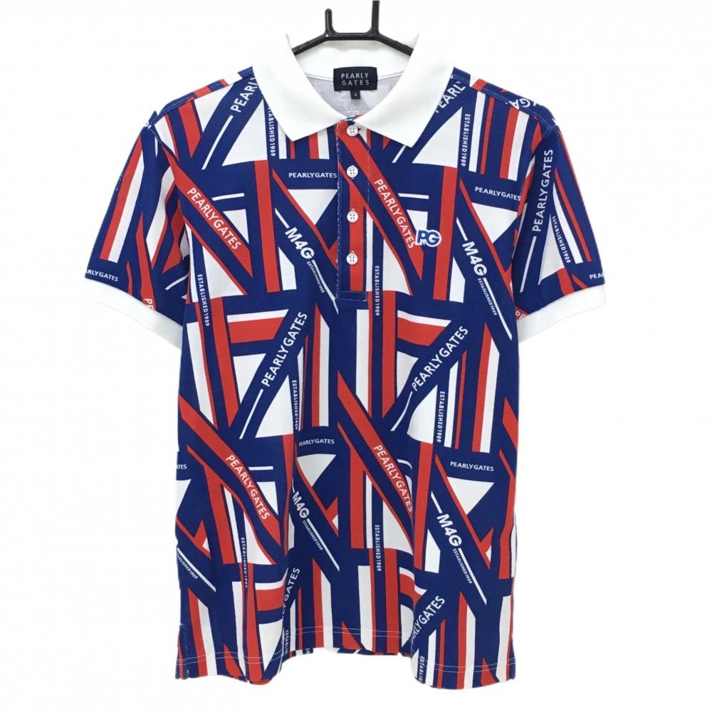 パーリーゲイツ 半袖ポロシャツ 白×ブルー 総柄  メンズ 4(M) ゴルフウェア PEARLY GATES