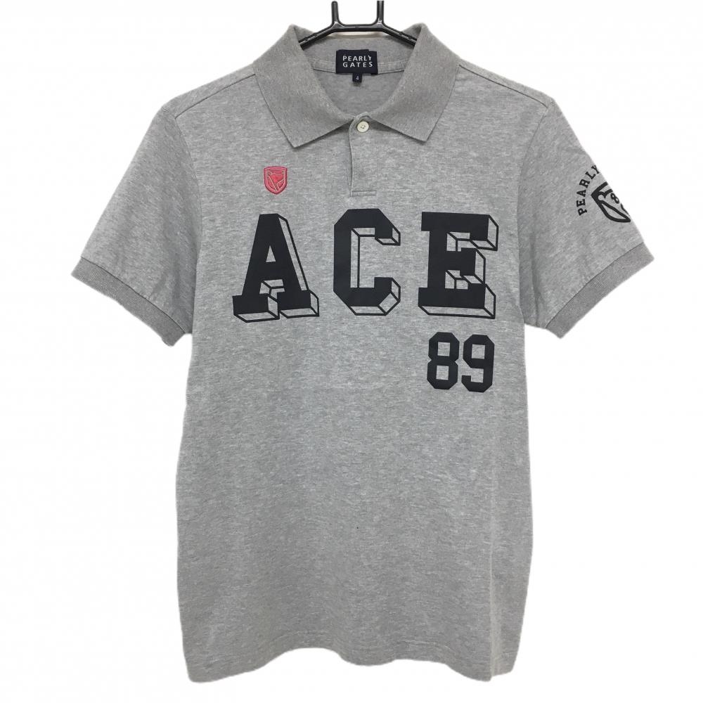 パーリーゲイツ 半袖ポロシャツ グレー×黒 コットン100％ ビッグプリント メンズ 4(M) ゴルフウェア PEARLY GATES