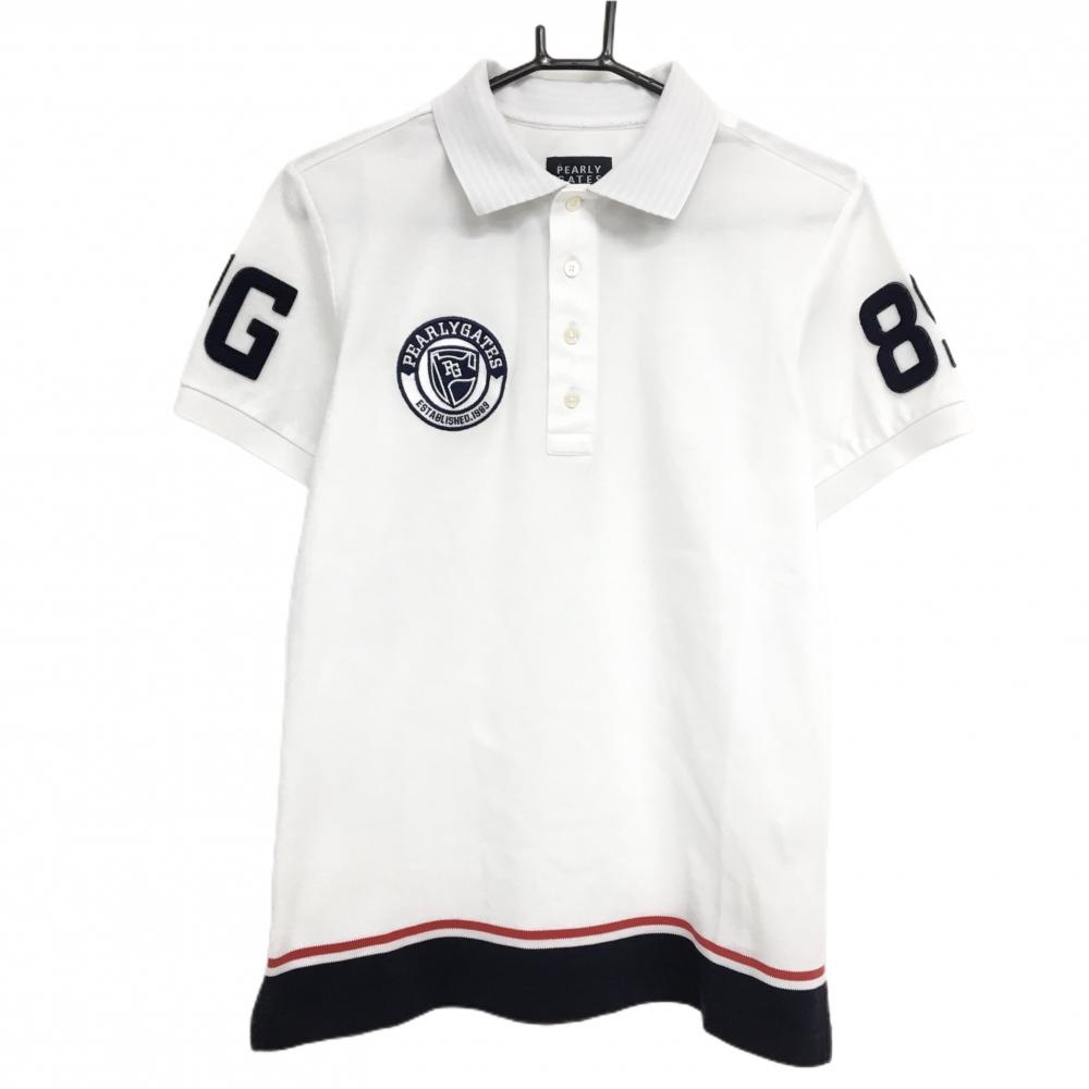 【美品】パーリーゲイツ 半袖ポロシャツ 白×ネイビー 襟裏ボーダー フェルトワッペン  メンズ 4(M) ゴルフウェア PEARLY GATES