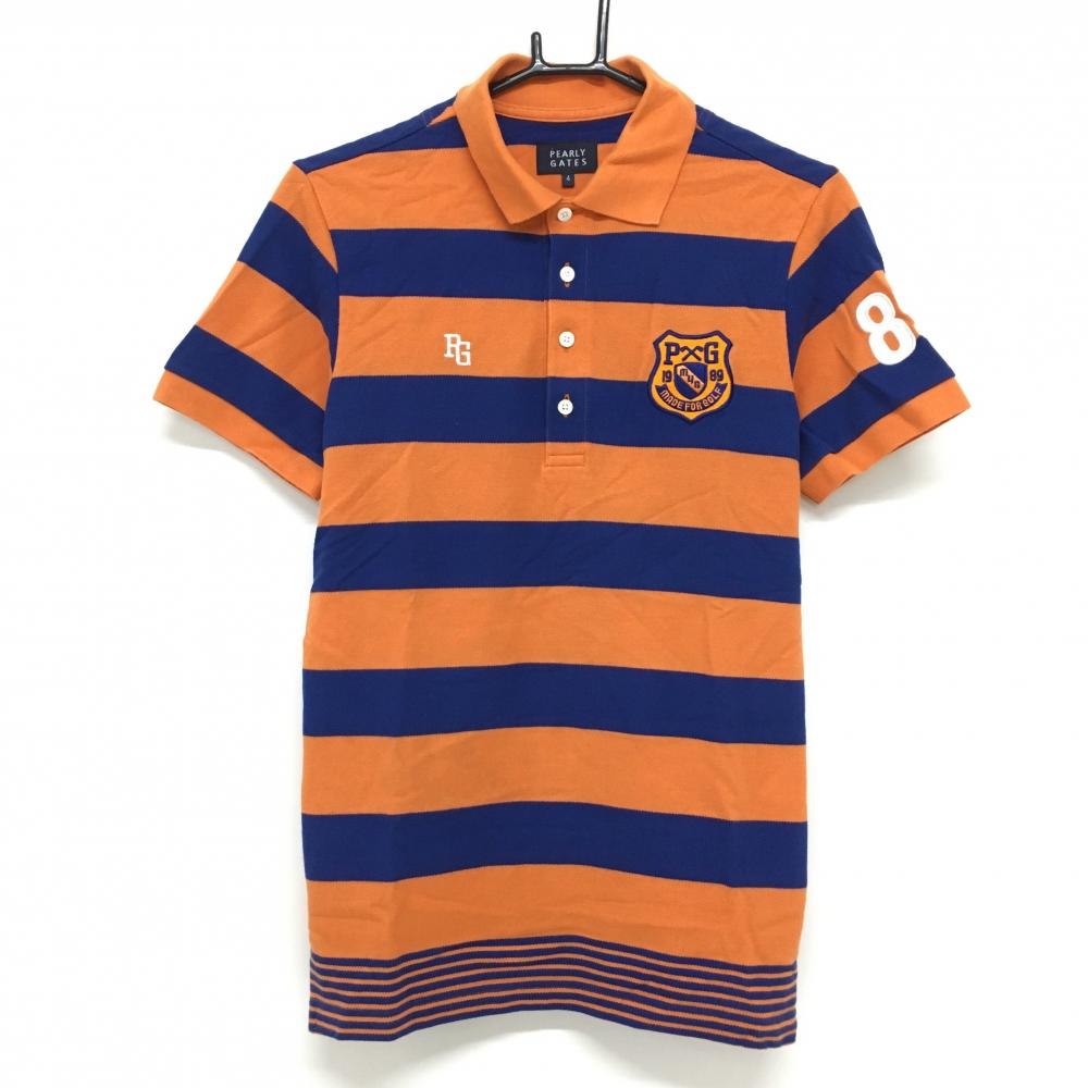 【美品】パーリーゲイツ 半袖ポロシャツ オレンジ×ブルー ボーダー コットン混 メンズ 4(M) ゴルフウェア PEARLY GATES
