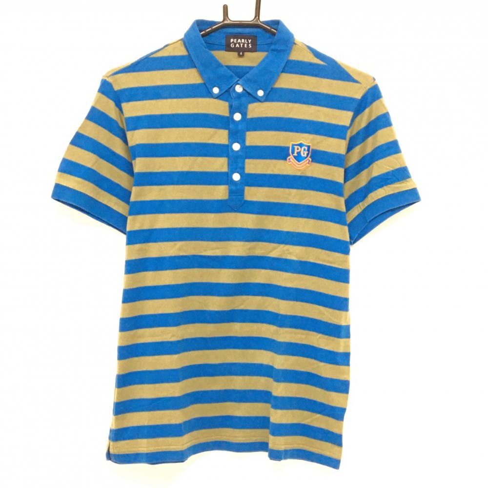 パーリーゲイツ 半袖ポロシャツ ブルー×カーキ ボーダー ボタンダウン メンズ 4(M) ゴルフウェア PEARLY GATES