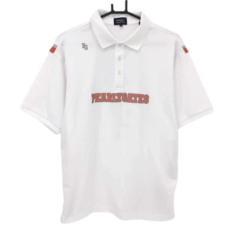 【美品】パーリーゲイツ 半袖ポロシャツ 白×オレンジ フロントロゴ サイドライン  メンズ 5(L) ゴルフウェア 2024年モデル PEARLY GATES