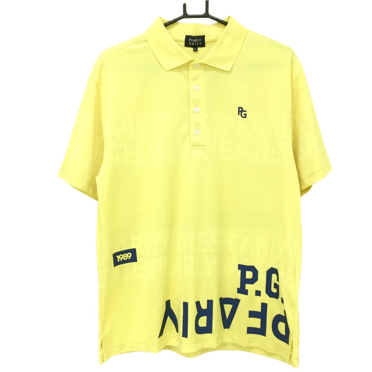 【美品】パーリーゲイツ 半袖ポロシャツ イエロー 地模様 ロゴネイビー  メンズ 5(L) ゴルフウェア 2024年モデル PEARLY GATES