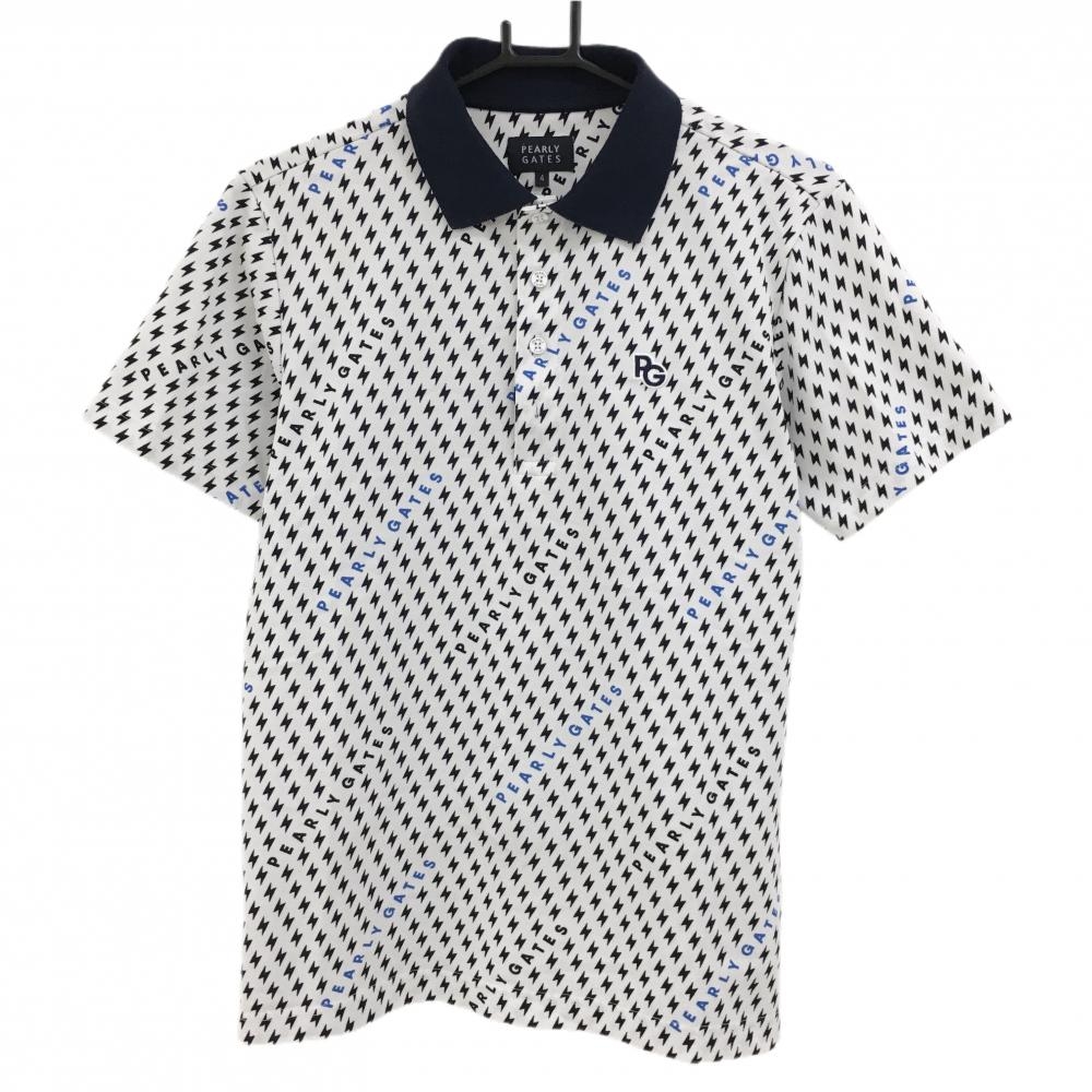 【美品】パーリーゲイツ 半袖ポロシャツ 白×ネイビー イナズマ総柄 ロゴワッペン  メンズ 4 ゴルフウェア PEARLY GATES