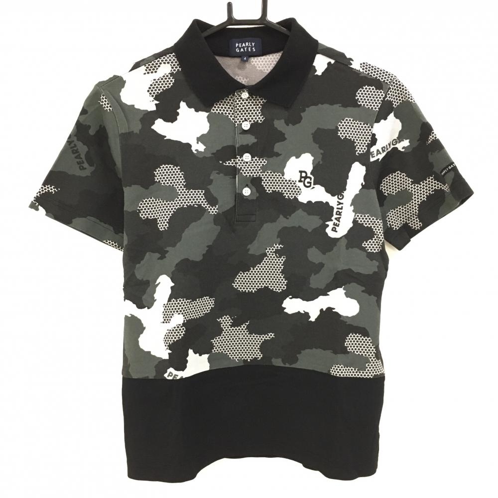【美品】パーリーゲイツ 半袖ポロシャツ 黒×グレー カモフラ柄 迷彩  メンズ 4(M) ゴルフウェア PEARLY GATES