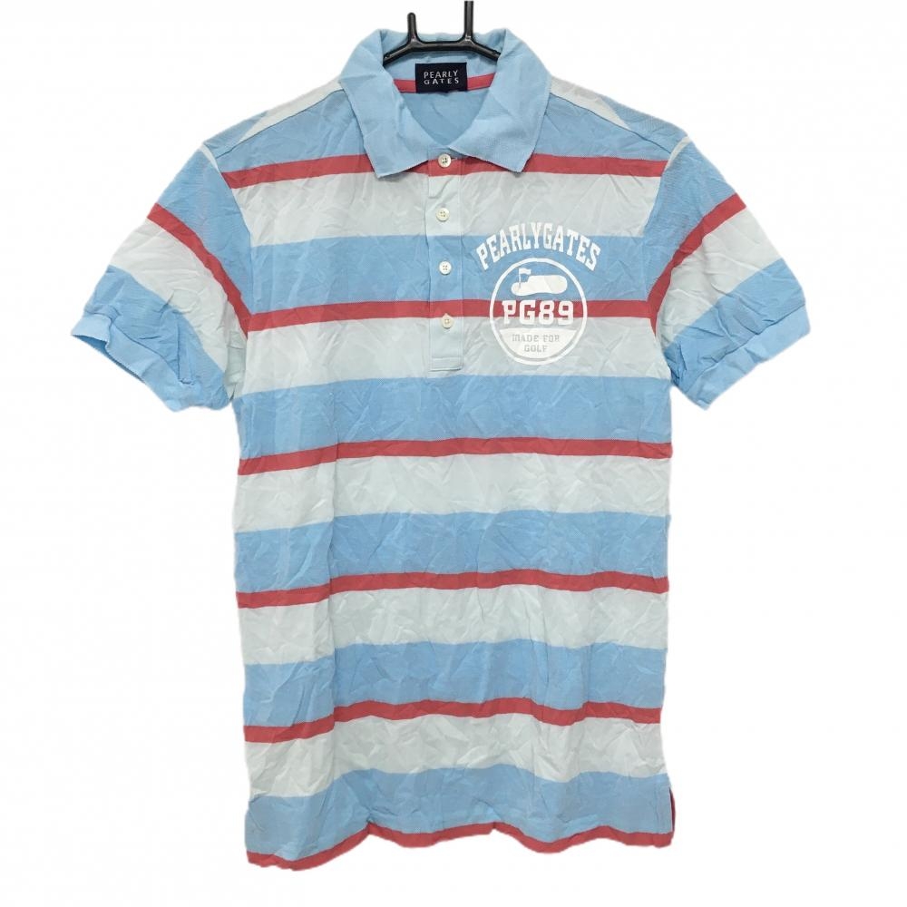 パーリーゲイツ 半袖ポロシャツ ライトブルー×ピンク ボーダー コットン混 シワ加工 メンズ 4(M) ゴルフウェア PEARLY GATES