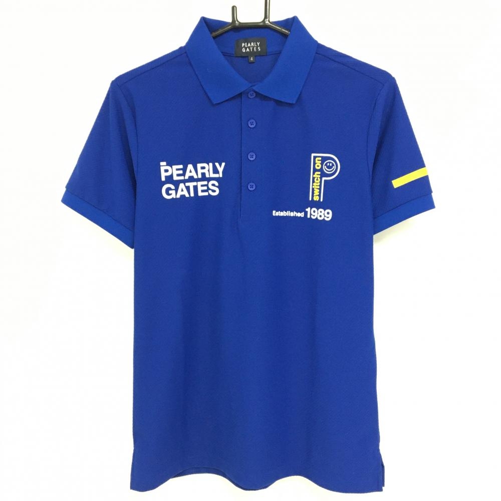 【超美品】パーリーゲイツ 半袖ポロシャツ ブルー×白 ニコちゃん スマイル  織生地 メンズ 4(M) ゴルフウェア 2025年モデル PEARLY GATES