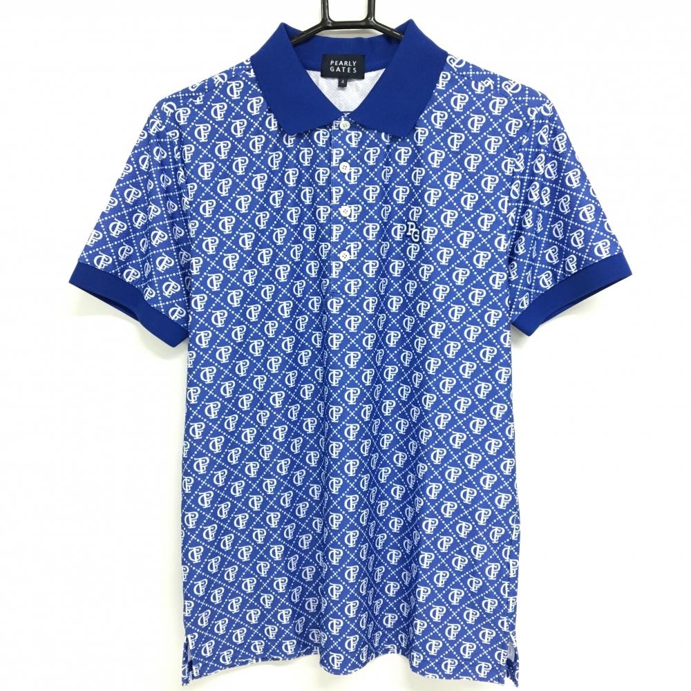 【超美品】パーリーゲイツ 半袖ポロシャツ ブルー系×白 ロゴ総柄 メンズ 4(M) ゴルフウェア 2024年モデル PEARLY GATES