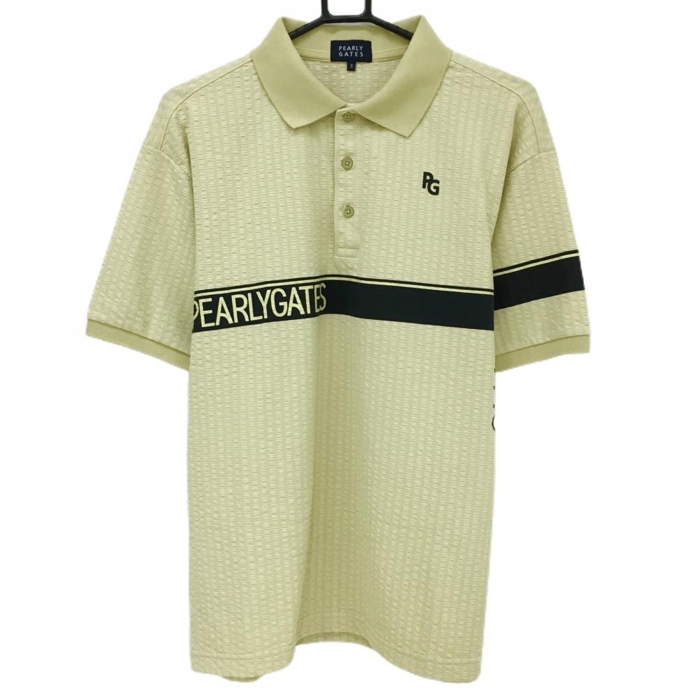 【超美品】パーリーゲイツ 半袖ポロシャツ イエローベージュ×黒 胸元ライン 織生地  メンズ 5(L) ゴルフウェア 2024年モデル PEARLY GATES