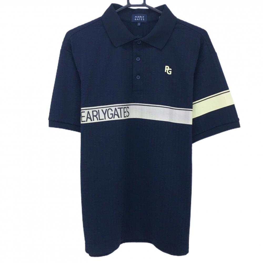 【美品】パーリーゲイツ 半袖ポロシャツ ネイビー×ベージュ 胸元ライン 織生地 メンズ 5(L) ゴルフウェア 2024年モデル PEARLY GATES