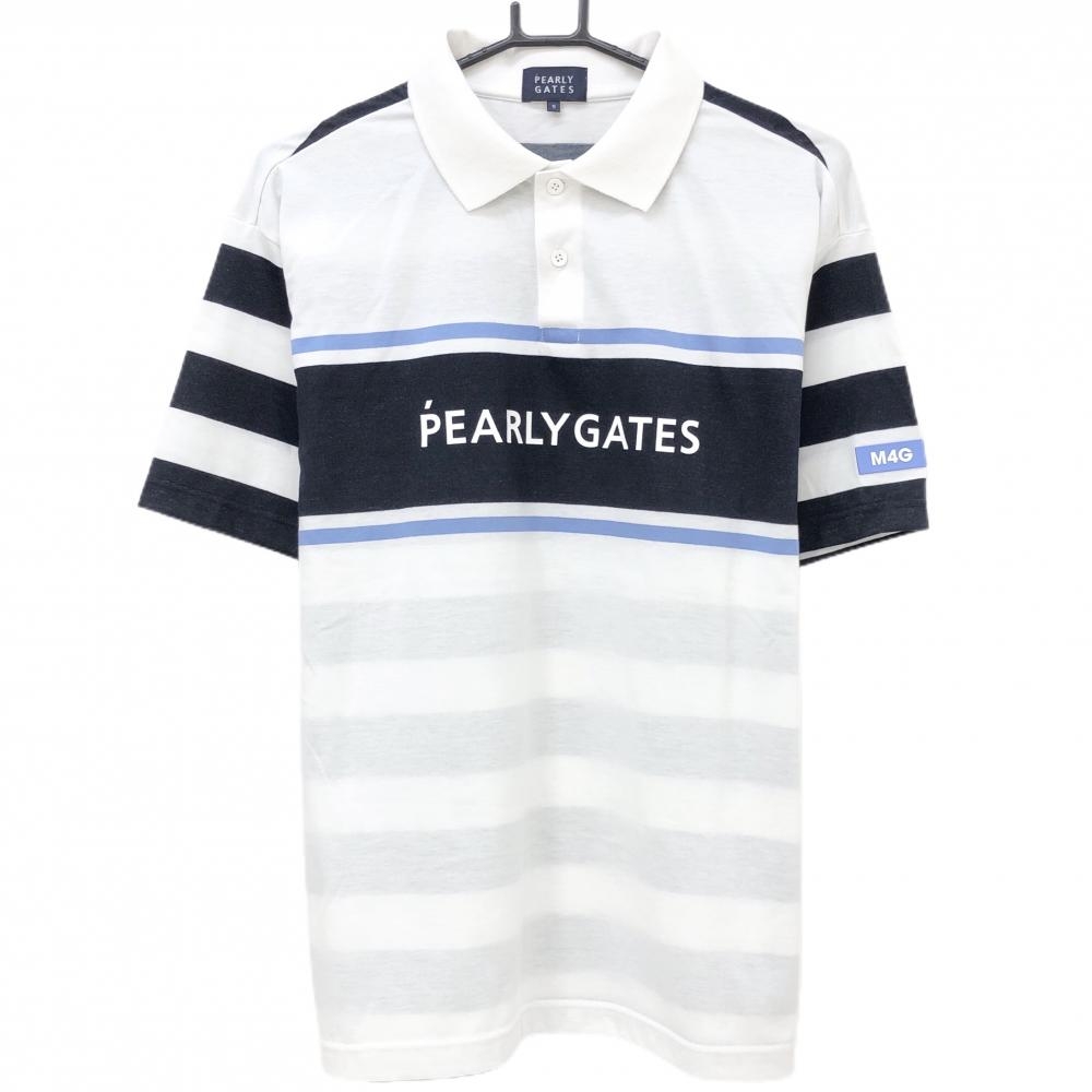 【超美品】パーリーゲイツ 半袖ポロシャツ 白×ネイビー 背面ボーダー フロントロゴ  メンズ 5(L) ゴルフウェア 2024年モデル PEARLY GATES