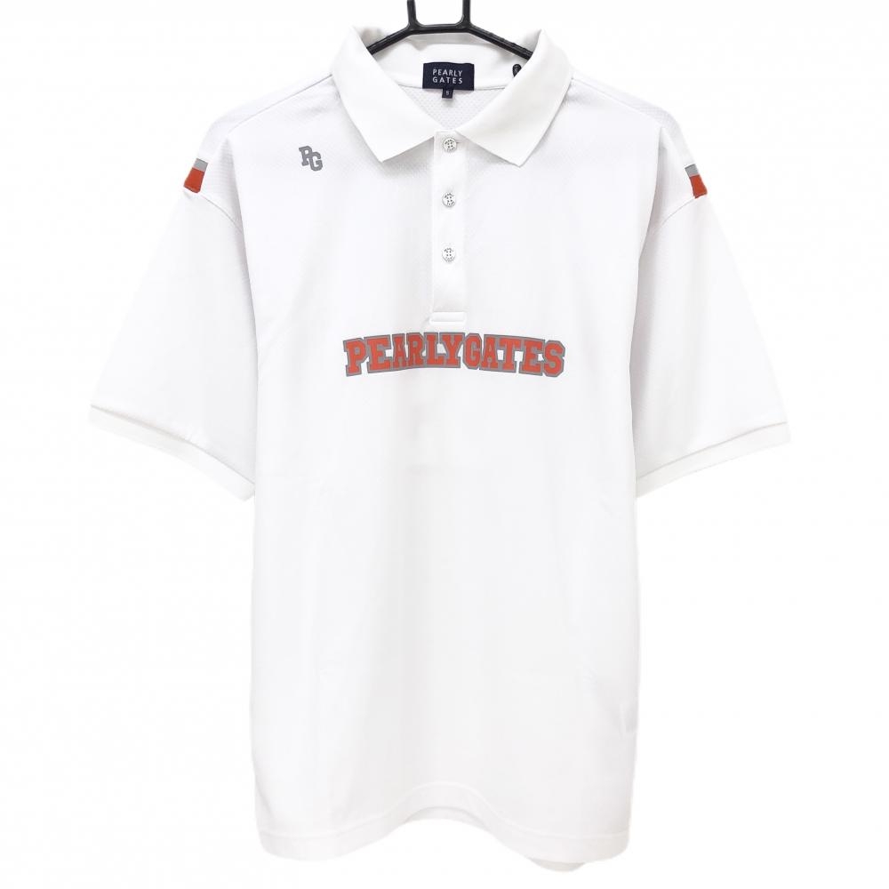 【超美品】パーリーゲイツ 半袖ポロシャツ 白×オレンジ サイドライン 背面プリント メンズ 5(L) ゴルフウェア 2024年モデル PEARLY GATES