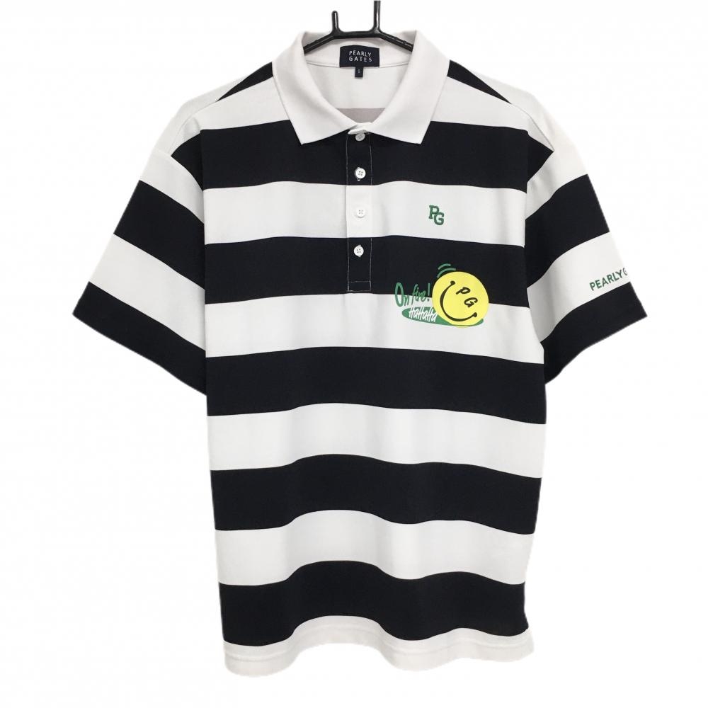 【美品】パーリーゲイツ 半袖ポロシャツ 白×ネイビー ボーダー ニコちゃん スマイル メンズ 5(L) ゴルフウェア 2024年モデル PEARLY GATES