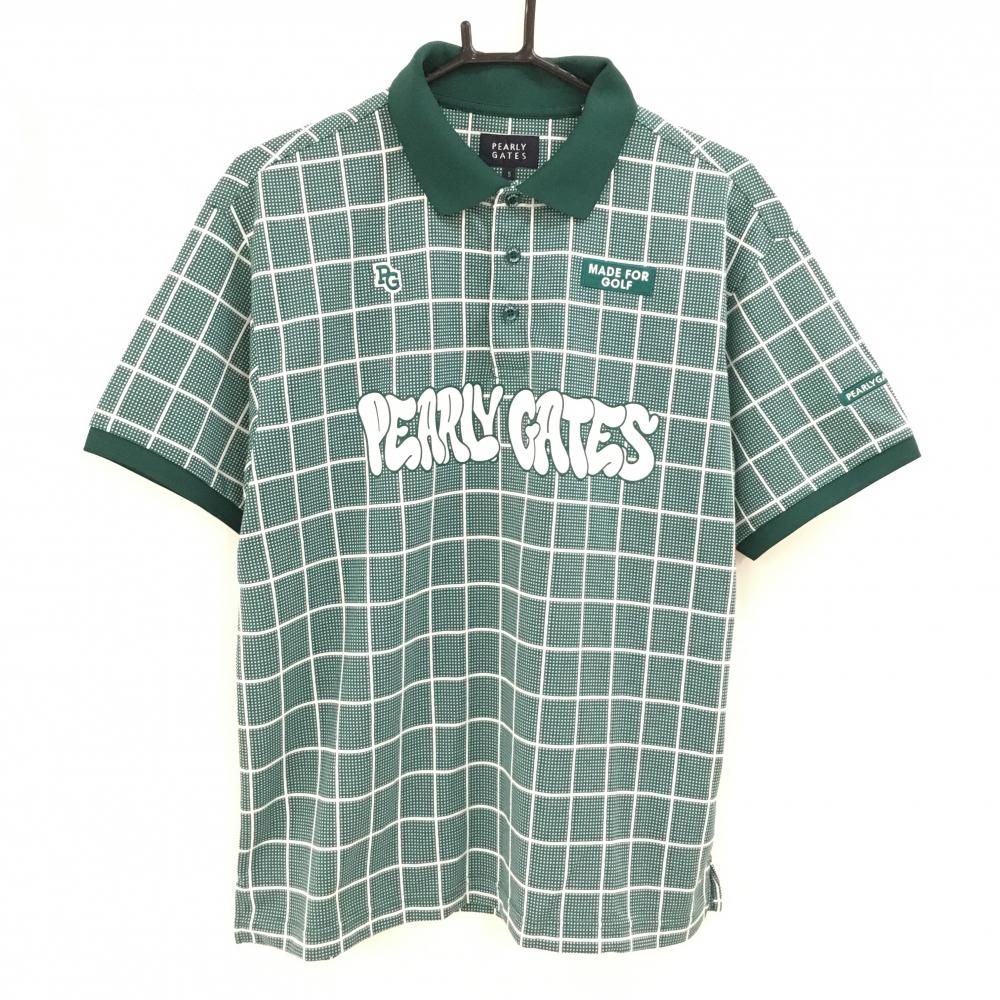 【超美品】パーリーゲイツ 半袖ポロシャツ グリーン×白 格子チェック フロントロゴ  メンズ 5(L) ゴルフウェア 2024年モデル PEARLY GATES