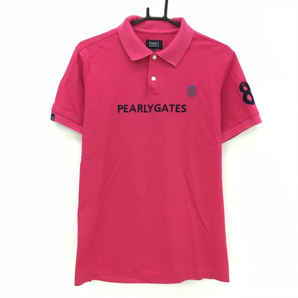 【美品】パーリーゲイツ 半袖ポロシャツ ピンク 襟裏グリーン ロゴネイビー  メンズ 5(L) ゴルフウェア PEARLY GATES