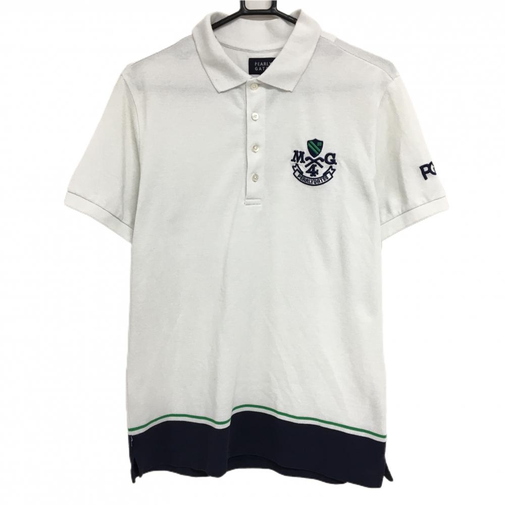 パーリーゲイツ 半袖ポロシャツ 白×ネイビー 30周年 袖ニコちゃん スマイル メンズ 6(XL) ゴルフウェア PEARLY GATES