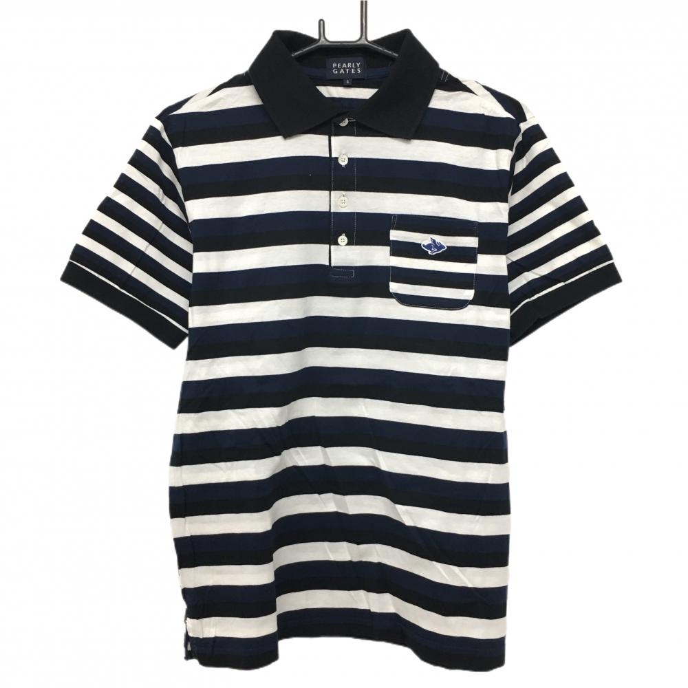 パーリーゲイツ 半袖ポロシャツ 白×黒×ネイビー ボーダー 胸ポケット  メンズ 6(XL) ゴルフウェア PEARLY GATES