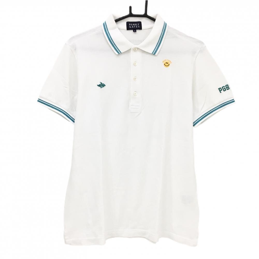 パーリーゲイツ 半袖ポロシャツ 白×ライトブルー ニコちゃん スマイル メンズ 5(L) ゴルフウェア PEARLY GATES