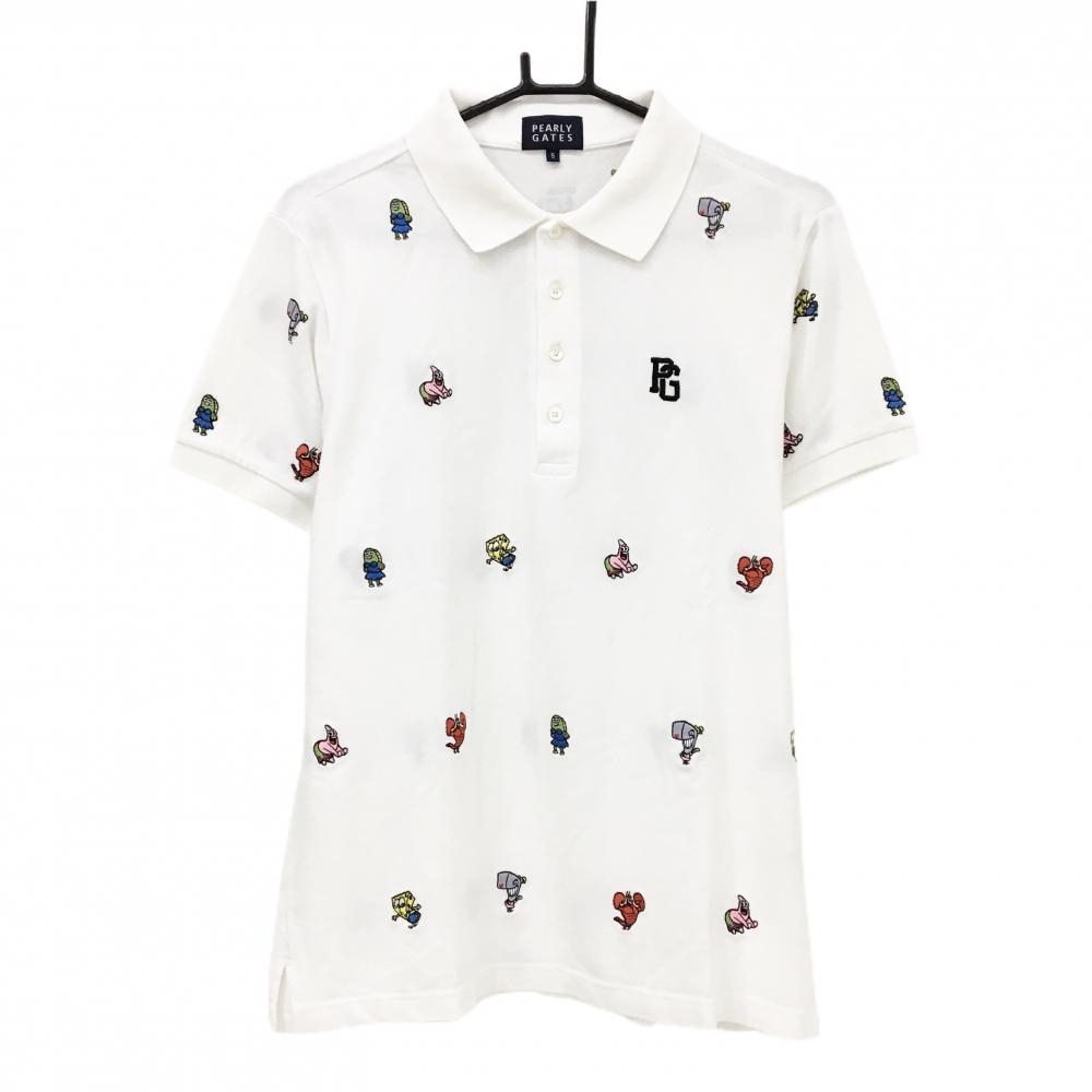 パーリーゲイツ×スポンジボブ 半袖ポロシャツ 白×マルチカラー 刺しゅう総柄 メンズ 5(L) ゴルフウェア PEARLY GATES