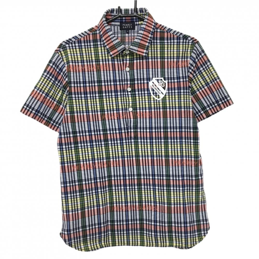 【美品】パーリーゲイツ 半袖ポロシャツ 白×ネイビー×オレンジ チェック 胸ロゴプリント メンズ 4(M) ゴルフウェア PEARLY GATES