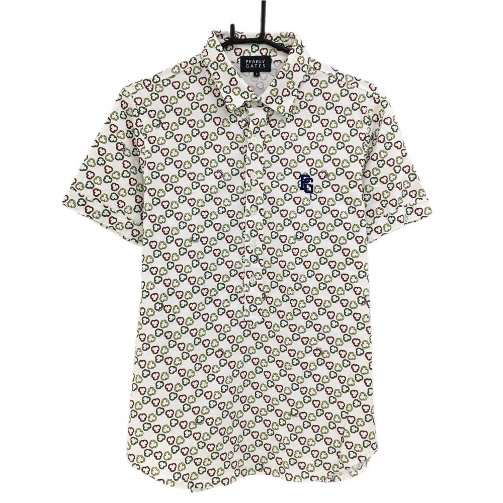 【超美品】パーリーゲイツ 半袖ポロシャツ 白×マルチカラー 総柄 ロゴ刺しゅう  メンズ 4(M) ゴルフウェア PEARLY GATES