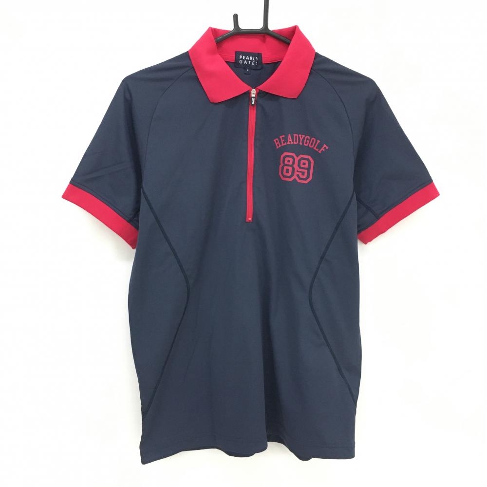 【超美品】パーリーゲイツ 半袖ポロシャツ ネイビー×ピンク ハーフジップ 胸元プリント メンズ 4(M) ゴルフウェア PEARLY GATES