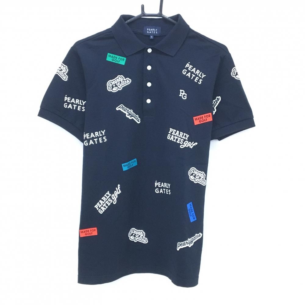 【美品】パーリーゲイツ 半袖ポロシャツ ネイビー×白 総柄 ロゴプリント メンズ 5(L) ゴルフウェア PEARLY GATES