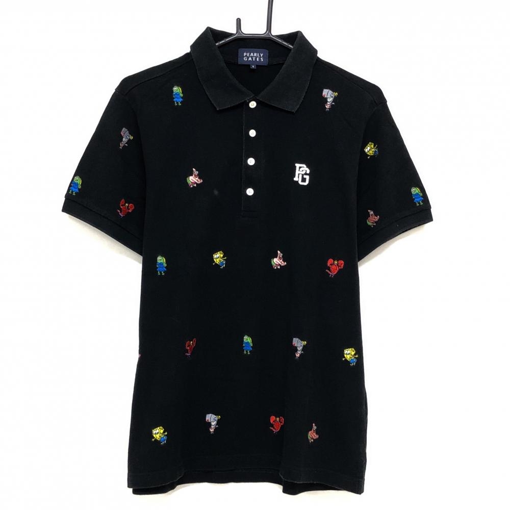 パーリーゲイツ×スポンジボブ 半袖ポロシャツ 黒×マルチカラー 刺しゅう総柄  メンズ 5(L) ゴルフウェア PEARLY GATES