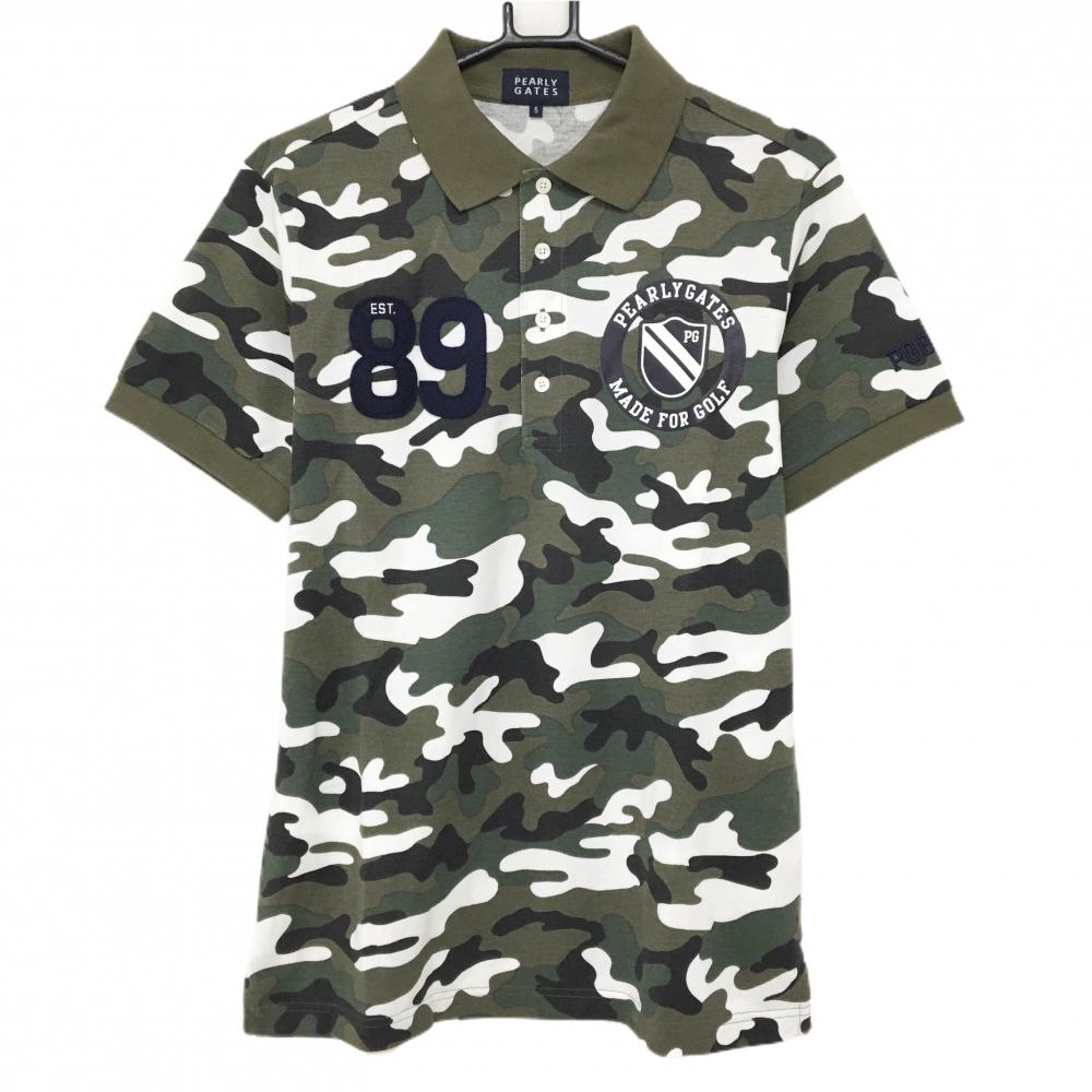 【超美品】パーリーゲイツ 半袖ポロシャツ カーキ×白 カモフラ 迷彩 メンズ 5(L) ゴルフウェア PEARLY GATES