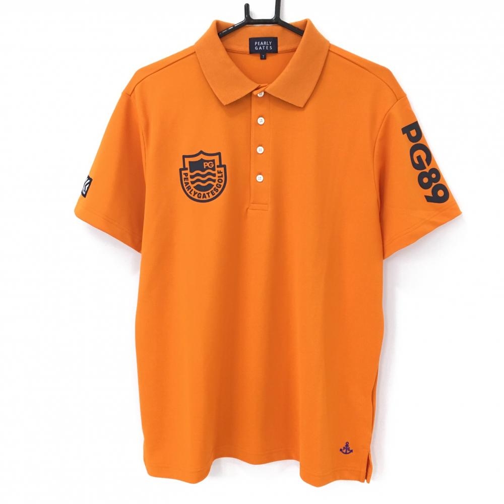 【超美品】パーリーゲイツ 半袖ポロシャツ オレンジ×ネイビー 袖ロゴプリント メンズ 7(2XL) ゴルフウェア 大きいサイズ PEARLY GATES