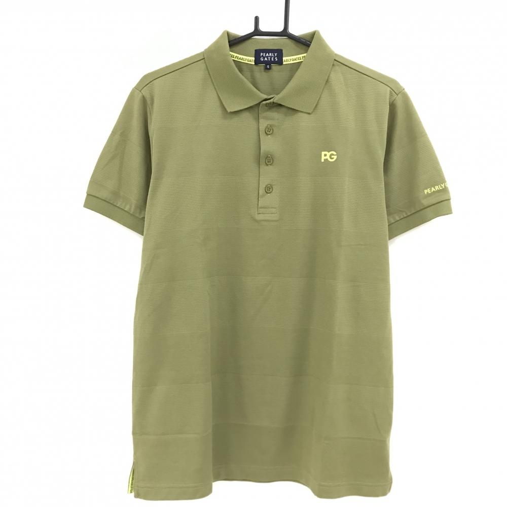 【超美品】パーリーゲイツ 半袖ポロシャツ カーキ ボーダー織生地 背面ロゴ メンズ 6(XL) ゴルフウェア PEARLY GATES