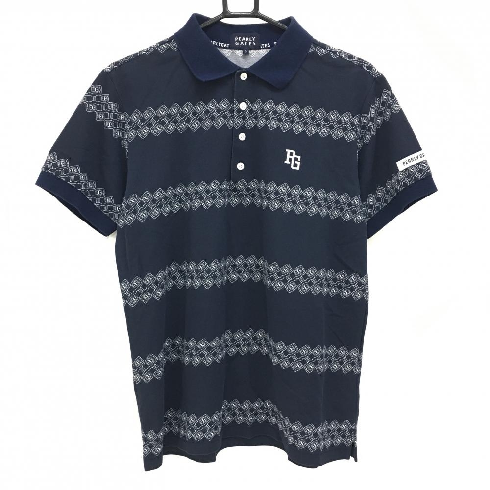 パーリーゲイツ 半袖ポロシャツ ダークネイビー×白 総柄 ロゴ刺しゅう メンズ 5(L) ゴルフウェア PEARLY GATES