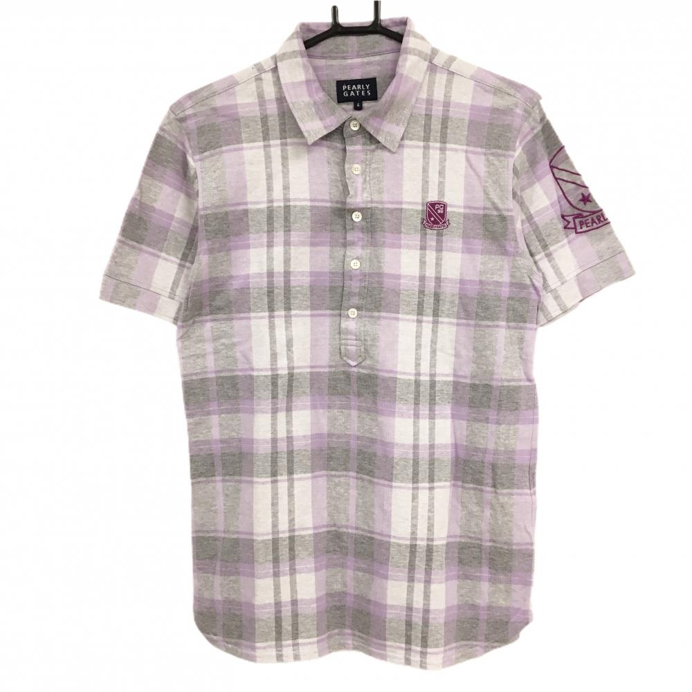 【超美品】パーリーゲイツ 半袖ポロシャツ グレー×ライトパープル チェック ロゴ  メンズ 4(M) ゴルフウェア PEARLY GATES