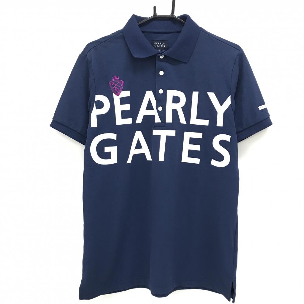 【美品】パーリーゲイツ 半袖ポロシャツ ネイビー×白 ビッグロゴプリント メンズ 6(XL) ゴルフウェア PEARLY GATES