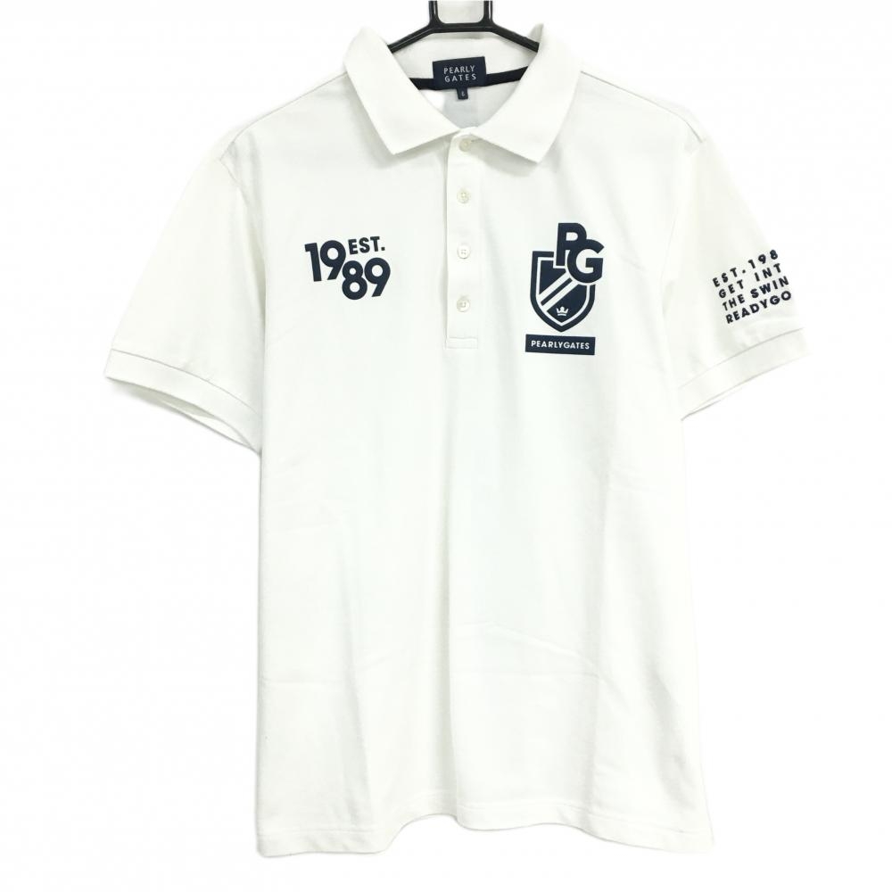 【美品】パーリーゲイツ 半袖ポロシャツ 白×ネイビー 襟裏センターライン 後ろセンターロゴ メンズ 6(XL) ゴルフウェア PEARLY GATES