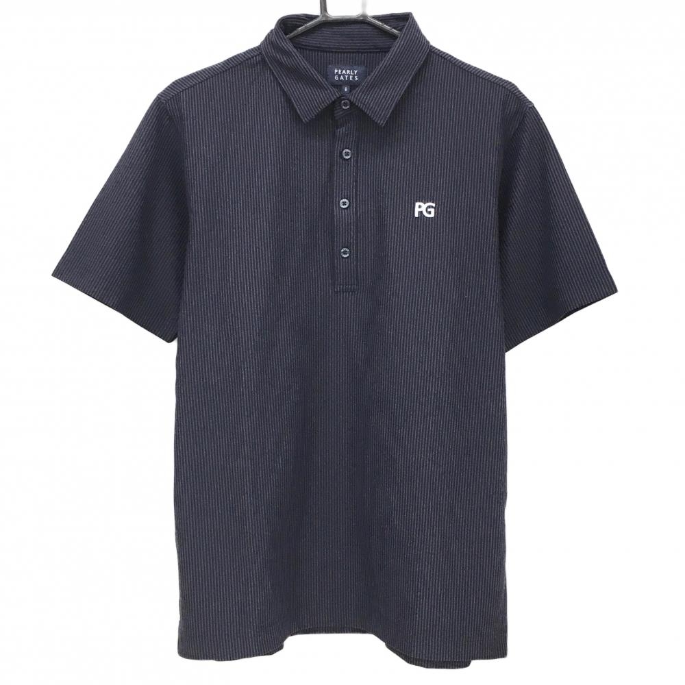 【超美品】パーリーゲイツ 半袖ポロシャツ 黒×ネイビー ストライプ サイドロゴ メンズ 6(XL) ゴルフウェア PEARLY GATES